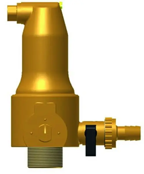 Goldfarbener Schnellentlüfter mit Anschlussgewinde und seitlichem Ventil, produziert von IMI Hydronic Engineering. Das Gerät dient der automatischen Entlüftung von Heizungsanlagen.